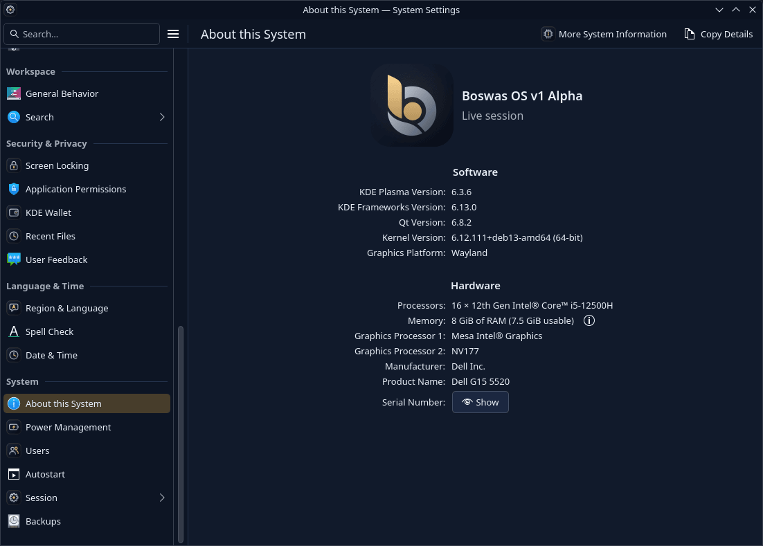 About this System page in Boswas OS listing KDE Plasma 6.3.6, KDE Frameworks 6.13.0, Qt 6.8.2, kernel 6.12.111 and the Wayland graphics platform