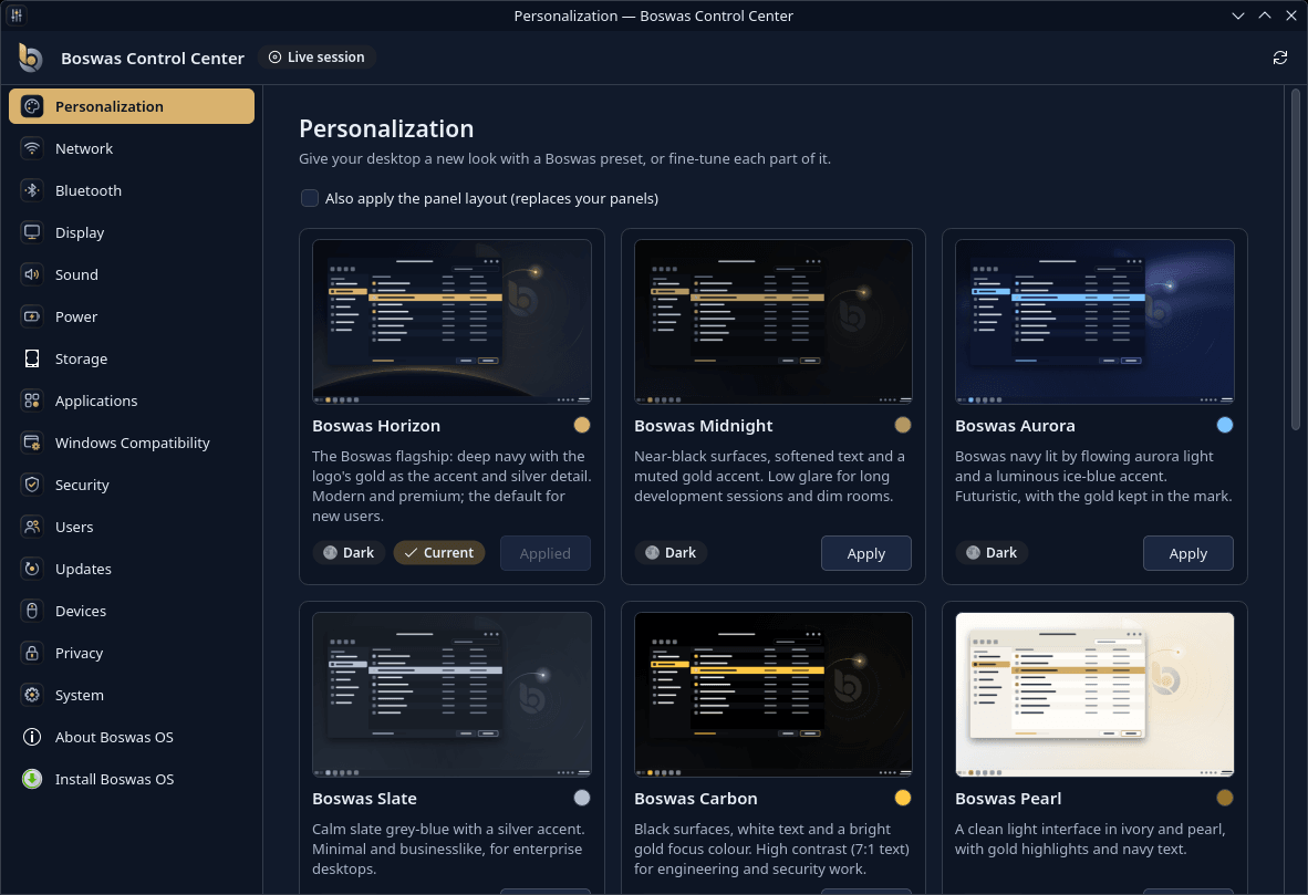 Boswas Control Center showing system management categories in the sidebar and the Personalization page with Boswas theme presets