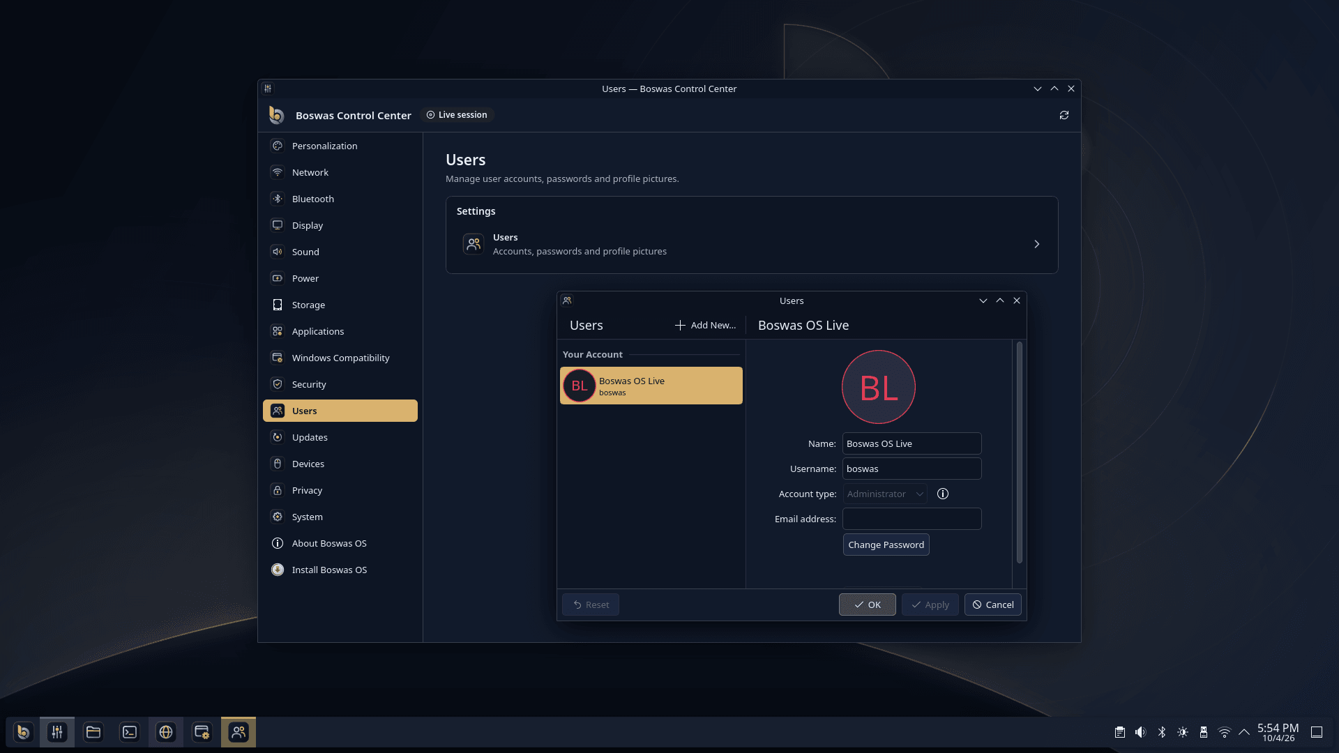 Boswas OS desktop in a Live Session, with the Boswas Control Center open on the Users page and the account editor in front