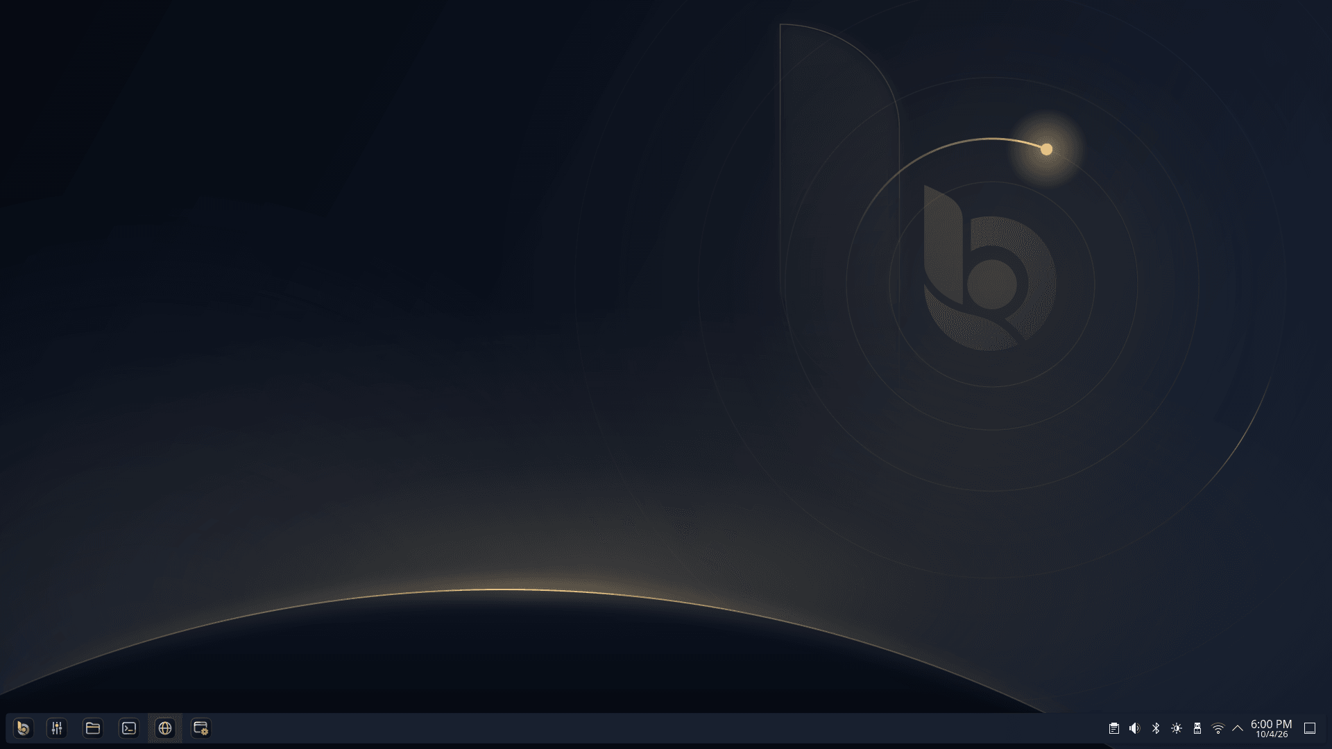 Boswas OS desktop with the Boswas Horizon wallpaper — a gold horizon arc and the Boswas mark on deep navy — and the taskbar along the bottom