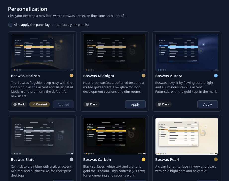 Personalization page in Boswas OS listing the Boswas Horizon, Midnight, Aurora, Slate, Carbon and Pearl theme presets with Apply buttons