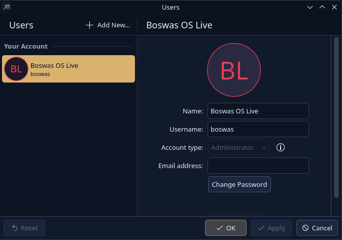 Boswas OS Users dialog showing the account name, username, administrator account type and Change Password action